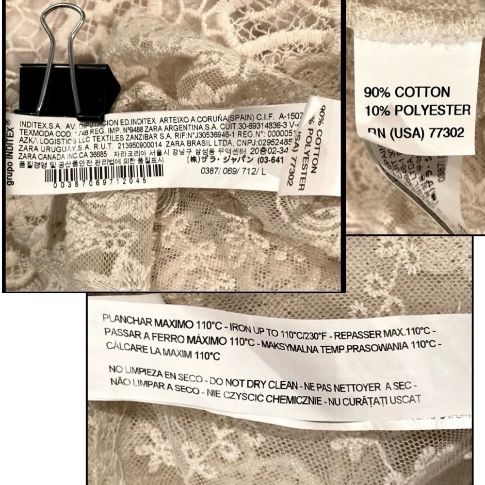 NWOT Zara open sheer lace 3/4 sleeve hip length top. Off White. Size L.